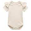 Mameluco liso de manga corta con volantes para bebé, mameluco de cuello redondo con botones a presión para niños y niñas, atuendo para gatear para casa