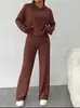 Suéter com Capuz Listrado de Malha Casual Novo Primavera e Outono Europeu e Americano Comércio Exterior Terno Feminino de Calça Longa Solta com Mangas Longas
