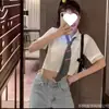 Verano Nuevo Estilo Coreano Estilo Universitario Solapa Corbata JK Cintura Alta Manga Corta Sexy Camisa de Punto Todo Fósforo Top Mujeres