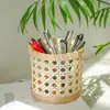 Porta Plumas Cilíndrico Tejido a Mano de Ratán Blanco Cilindro Pequeño de Ratán Cesta Pequeña de Flores Cesta de Almacenamiento para Vajilla Cesta Pequeña para Artículos Varios Exportación