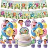 Decoraciones para fiesta de cumpleaños de niña transfronteriza: Guirnalda de mono Dora, decoraciones colgantes en espiral, vasos de papel, platos de papel, mantel, globos