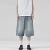 Jeans de verano estilo coreano, lavados, de pierna ancha, cropped, para hombre y mujer, corte holgado, talla grande, silueta adelgazante, shorts rectos, pantalones de largo medio modernos
