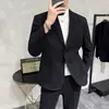 Traje casual de lana gruesa para primavera y otoño para hombre, traje de dos piezas guapo estilo coreano ajustado estilo británico para hombre