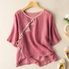 Verano Nuevo Estilo Étnico Solapa Inclinada Hebilla Bordado Manga Corta Algodón y Lino Camisa para Mujer Estilo Chino Retro Camisa Top Cárdigan