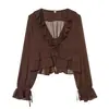 Comércio Exterior Transfronteiriço 2026 Nova Primavera/Verão Simples Estilo Francês Semi-Transparente Babado Manga Longa Decote V Blusa