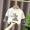 Camiseta de Manga Larga para Niña 2026 Otoño Nuevo Cuello Redondo Rayas Patchwork Estilo Coreano Elegante Algodón Puro Top Casual para Niños
