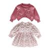 Conjunto de Dos Piezas para Niña: Suéter con Lazo y Vestido Floral, Estilo Moda Coreana para Niños, Elegante Traje de Manga Larga para Niñas Pequeñas