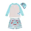 Traje de Banho Infantil Masculino de Manga Longa Duas Peças 2026, Design de Tubarão Color-Block, Roupa de Banho Infantil de Secagem Rápida para Meninos de Todas as Idades