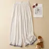 Pantalones Cropped de Algodón Holgados Bordados para Mujer, Cintura Elástica, Adelgazantes, Caída Suave, Color Sólido Casual, Pierna Ancha, Estilo Vintage de Verano