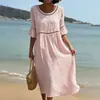 2026 Verano Nueva Ropa de Mujer Europea y Americana Comercio Exterior Estilo Resort Vestido Holgado Cuello Redondo Manga Media Color Sólido Vestido Largo