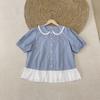 Camisa de Manga Corta con Cuello de Muñeca de Encaje para Niña de Verano Estilo Japonés Literario para Mujer Reductora de Edad Dulce Cuadros Camisa de Muñeca
