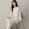 Nuevos pijamas de algodón elástico para mujer, estilo primavera y otoño, manga larga, pantalón largo, cuello redondo, holgados y agradables para la piel, adecuados para usar fuera como ropa de casa