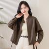 Casaco de couro com gola vertical feminino primavera e outono moda estilo americano retrô pequeno solto casual curto casaco de pele de carneiro
