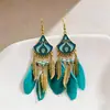Pendientes Largos con Borlas y Plumas Estilo Retro Bohemio de Verano Estilo Étnico para Resort de Playa