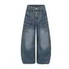 Calça jeans Magic Bear estilo retrô americano, estilo corte, abotoada, novo design de perna curva, calça longa de perna larga emagrecedora