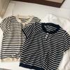 Top de Punto de Rayas Versátil y a la Moda Estilo Coreano para Mujer 2025 Verano Nuevo Manga Corta Elegante Color Block Cuello Redondo Top Sencillo