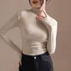 Gola semi-alta com forro de fleece, ombro normal, corte slim, design plissado, blusa térmica feminina outono/inverno, que afina a cintura, com efeito rejuvenescedor