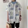 Camisa de Manga Corta Estilo Japonés para Hombre de Verano, Camisa de Media Manga con Estampado de Gato Estilo Hong Kong de Moda, Camisa Casual Holgada para Estudiantes
