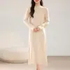 Vestido Suéter Tricô 100% Lã Pura Gola Alta Vazado Florido Feminino Forro Suave Longo Solto e Modelador Cobrindo