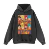 Sudadera con capucha y estampado de cómic desgastado, sudadera urbana oversized estilo retro americano en negro lavado con hombros caídos