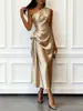 Vestido Elegante de Noche de Verano 2026 Transfronterizo Europeo y Americano de Satén de Alta Elasticidad sin Mangas de un Hombro Ceñido a la Cintura de Longitud Media