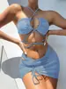 Bikini Sexy Traje de Baño Sexy con Tirantes Halter Chica de Tres Puntos Falda Exportación Europea y Americana Traje de Baño de Tres Piezas para Mujeres