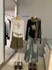 ENEN2026 Outono Estilo Coreano Preguiçoso Estampa de Leopardo Estrela de Cinco Pontas Solta Leve Gola Redonda Manga Longa Camiseta Feminina E11151