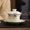 Juego de Gaiwan de Pared Delgada con Flores de Cerezo Pintadas a Mano de Tres Piezas Set de Té Gongfu de Porcelana Blanca Lanolina Uso Individual en Casa Herramienta para Preparar Té de Alto Valor Estético