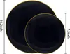 Conjunto de louça descartável para 25 pessoas: pratos de plástico rígido PS com acabamento preto e dourado, pratos brancos, taças de vinho e um conjunto de facas, garfos e colheres