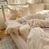 Conjunto de Roupa de Cama de Quatro Peças Estilo Renda Francesa 100% Algodão Classe A Estilo Coreano Capa de Edredom de Algodão Puro Lençol de Cima Lençol com Elástico Dormitório Três Peças