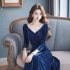 Vestido de terciopelo azul fino de alta gama, con temperamento, para ocasiones formales, de otoño e invierno, estilo francés de lujo ligero, súper bonito