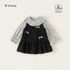Roupa infantil Bangxuan, conjunto de duas peças com camiseta de manga comprida e vestido com laço para meninas, doce vestido de aniversário, conjunto infantil