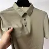 Nueva Camisa Polo de Seda Helada para Hombre de Verano Manga Corta Solapa Transpirable Refrescante Casual de Negocios Color Sólido Jacquard Top