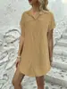 Vestido Chemise de Veludo Cotelê Casual de Manga Curta com Gola Reversível Reto Solto para Primavera e Verão Plus Size Europeu e Americano