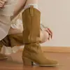 Botas holgadas de cuero genuino de nuevo estilo para otoño e invierno con tacón grueso, Botas vaqueras sin cordones, Comercio transfronterizo, Botas de montar versátiles de punta redonda y caña alta para mujer