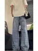 Elegantes jeans de textura a cuadros para hombre, primavera y otoño, marca de tendencia retro americana, pantalones casuales holgados rectos de pierna ancha