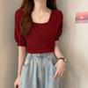 Camiseta de Manga Corta Falsa de Dos Piezas Verano Nuevo Seda de Hielo Corta Tejida Fresca Pequeña Diseño Popular Top Astuto para Mujer
