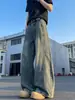 Jeans vintage lavados en azul con dobladillo curvo para hombre, estilo fino de verano, pantalones anchos de alta calle americana, marca de moda, pantalones geniales y de corte holgado
