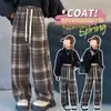 158 # (Derong Composite 220g Realmente Super) Calças Xadrez de Perna Larga com Forro de Fleece e Espessura Calças Retas