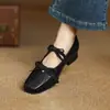Zapatos Mary Jane de Piel de Oveja con Aumento Interior para Mujer, Zapato Pequeño de Cuero con Lazo, Zapato Versátil de Punta Cuadrada, Plano, Boca Baja, Zapato Individual