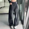 Jeans retro azules versátiles con cordón, de cintura alta, adelgazantes, de pierna ancha, con bolsillos de parche a cuadros y dobladillo curvo, para mujer