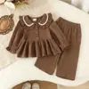 Comércio Exterior meninas primavera e outono novo top de manga longa com gola de boneca + calça longa de perna larga conjunto casual de duas peças da fábrica de origem