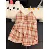 Pijama Cuadros Estilo Coreano para Mujer, Conjunto de Verano con Almohadillas en el Pecho y Tirantes, Ropa de Casa Sexy Estilo Puro Deseo, Adecuado para Usar como Ropa Exterior, Venta al por Mayor Transfronteriza