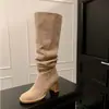 Novas Botas de Panturrilha Larga Botas Franzidas Emagrecedoras Salto Bloco Botas de Cano Alto Salto Alto Botas de Equitação Versáteis Botas Acima do Joelho Bico Redondo