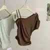 Qingyang Ouni Lan Jing Tencel Lino Sensación Relajada Camiseta Top de un Hombro Fruncido para Mujer Manga Corta de un Hombro Verde Marrón