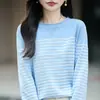 Suéter de punto para mujer, nueva colección otoño/invierno 2026, hilo de algodón puro, dobladillo enrollado, cuello redondo, mangas largas, diseño de rayas con bloques de color, corte holgado, estilo moderno