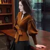 Cinto Elegante Chique Estiloso Tendência Cintura Marcada Top Camisa Feminino Outono Inverno Veludo Cor Café