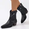 Botines Negros de Tacón Grueso para Mujer con Bordado, Cremallera Lateral, Punta Fina, Estilo Caballero, Botas para Mujer Europeas y Americanas