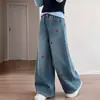 Pantalones de Mezclilla Anchos Bordados con Estrellas para Niñas, Estilo Primavera y Otoño, Pantalones Rectos Sueltos de Moda Coreana para Niños Mayores