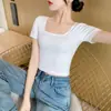 Camiseta Curta Branca para Mulheres, Novo Estilo Verão 2026, Gola Quadrada, Cropped, Manga Curta, Cintura Alta, Top Base Elegante Slim-Fit